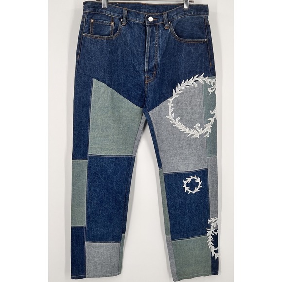 MNML Other - Mnml Jeans Mens 34 Fits 36x32 Patchwork Embroidered Baggy Denim Pants Floral